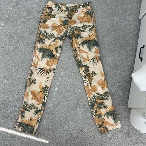 Anthropologie Floral Straight Leg Jeans - Cream and Green